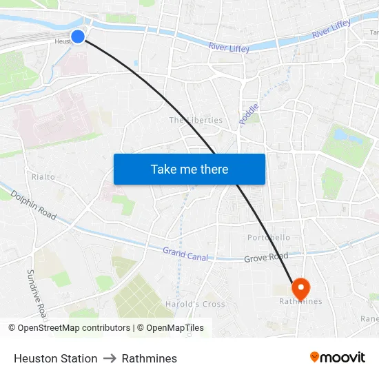 Heuston Station to Rathmines map