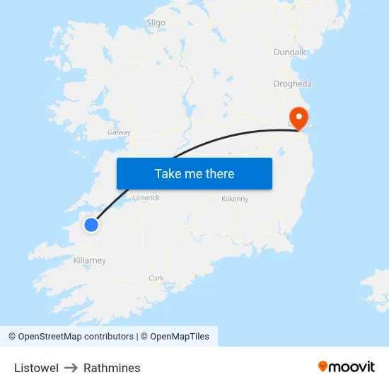 Listowel to Rathmines map