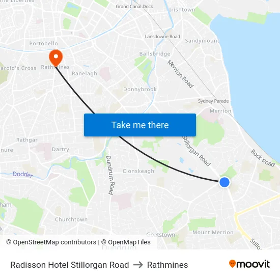 Radisson Hotel Stillorgan Road to Rathmines map