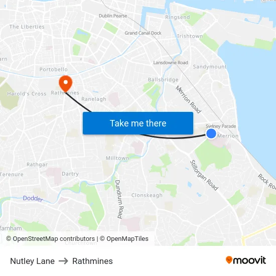 Nutley Lane to Rathmines map