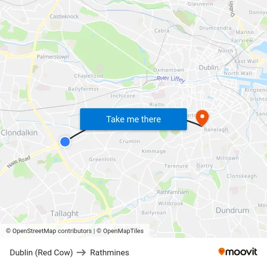 Dublin (Red Cow) to Rathmines map