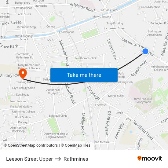 Leeson Street Upper to Rathmines map