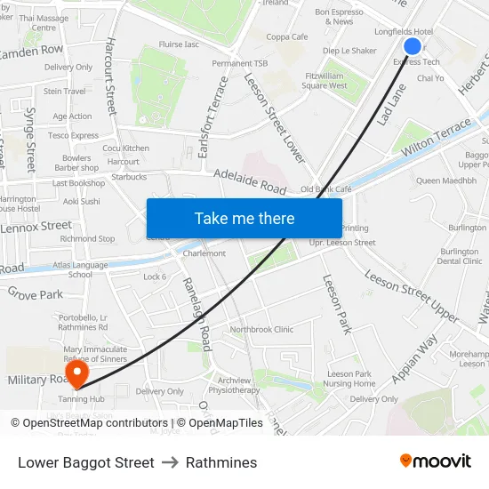 Lower Baggot Street to Rathmines map