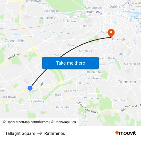 Tallaght Square to Rathmines map