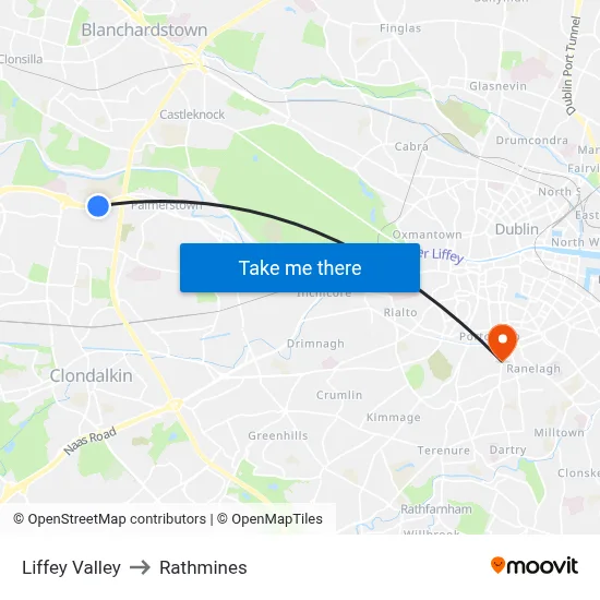Liffey Valley to Rathmines map