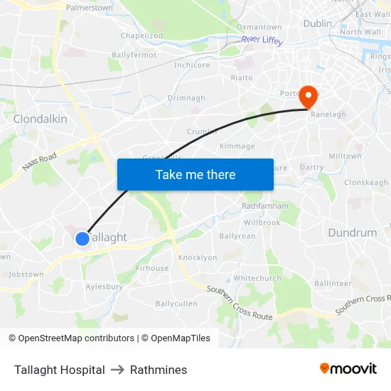 Tallaght Hospital to Rathmines map