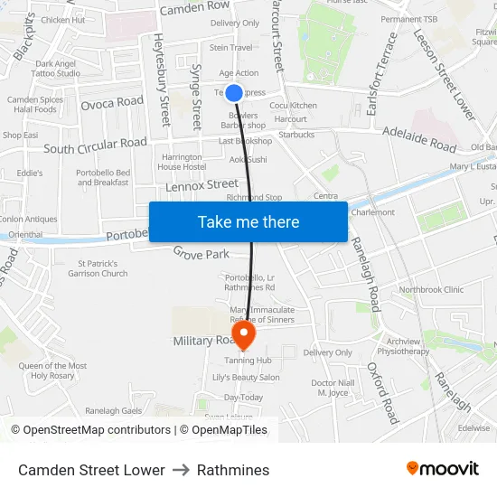 Camden Street Lower to Rathmines map