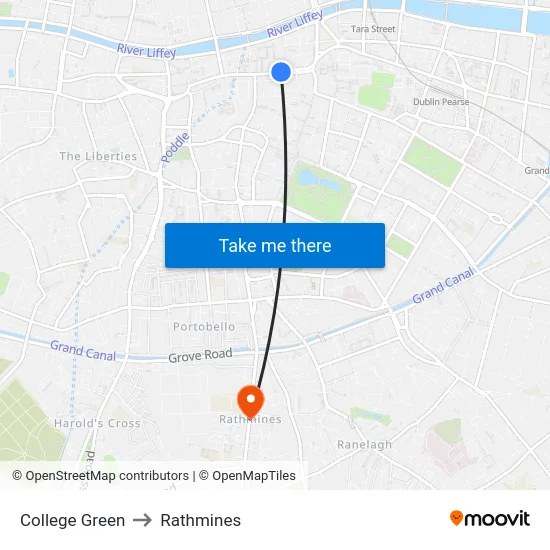College Green to Rathmines map
