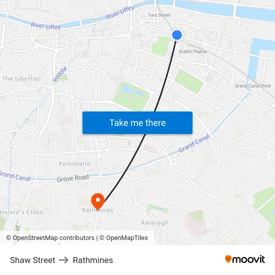 Shaw Street to Rathmines map