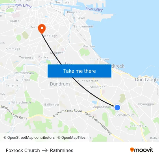 Foxrock Church to Rathmines map