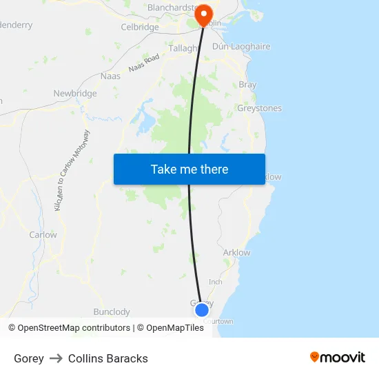 Gorey to Collins Baracks map