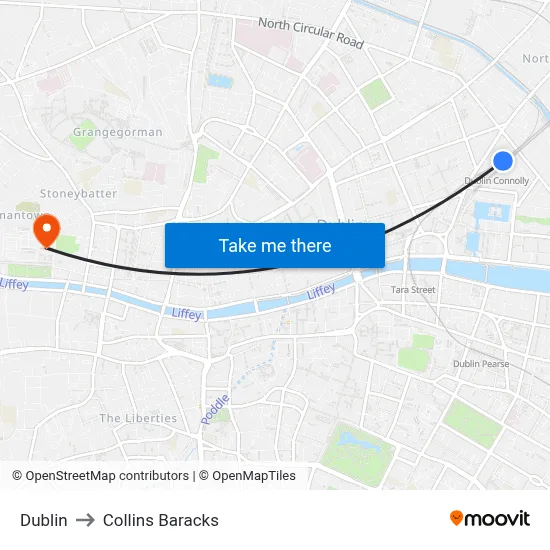 Dublin to Collins Baracks map