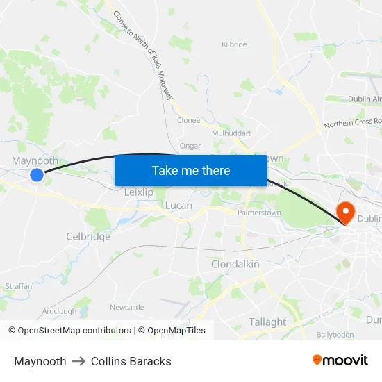 Maynooth to Collins Baracks map