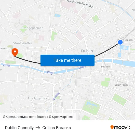 Dublin Connolly to Collins Baracks map