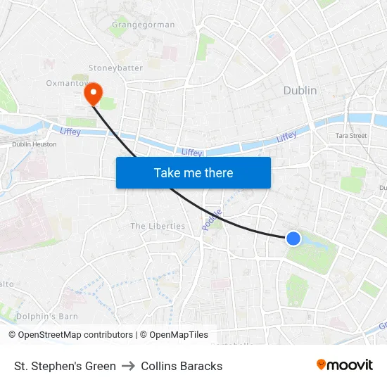 St. Stephen's Green to Collins Baracks map