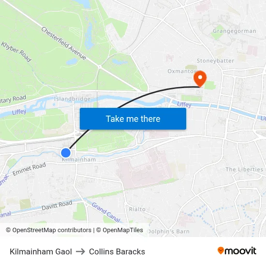 Kilmainham Gaol to Collins Baracks map