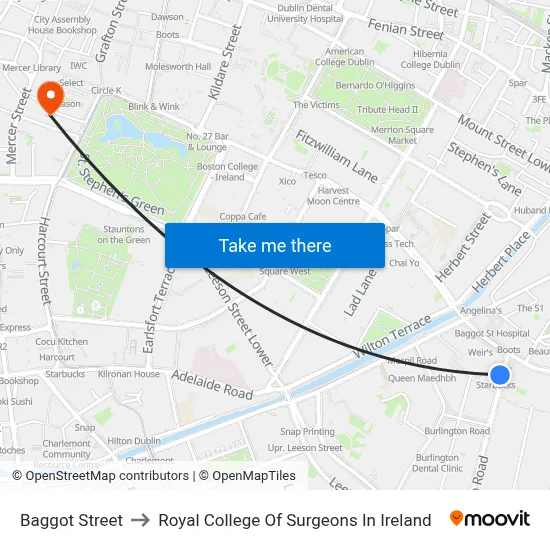 Baggot Street to Royal College Of Surgeons In Ireland map