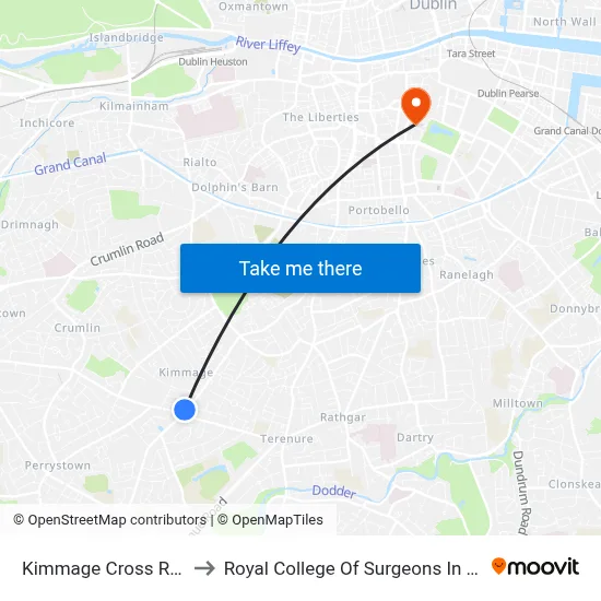Kimmage Cross Roads to Royal College Of Surgeons In Ireland map