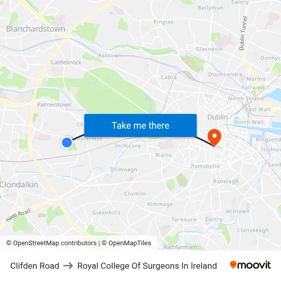 Clifden Road to Royal College Of Surgeons In Ireland map