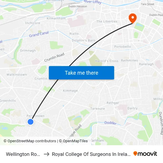 Wellington Road to Royal College Of Surgeons In Ireland map