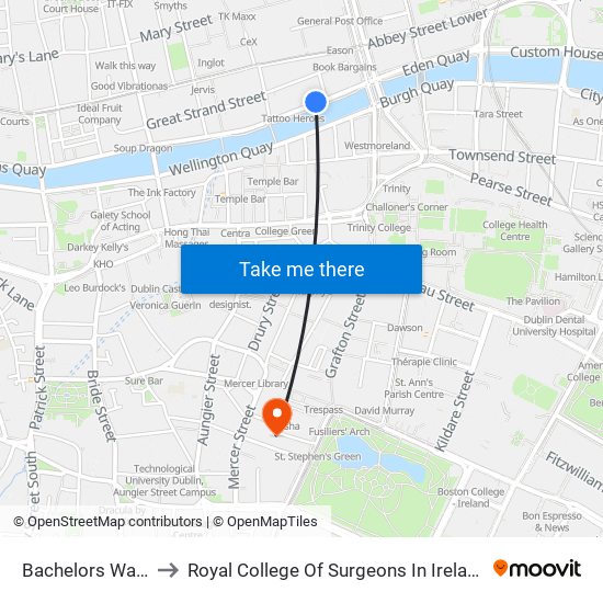 Bachelors Walk to Royal College Of Surgeons In Ireland map