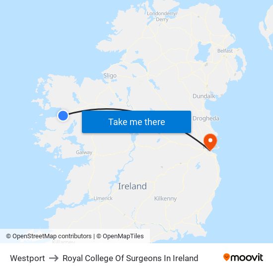 Westport to Royal College Of Surgeons In Ireland map