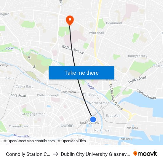Connolly Station Car Park to Dublin City University Glasnevin Campus map