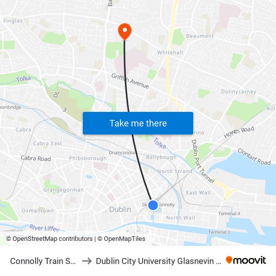Connolly Train Station to Dublin City University Glasnevin Campus map