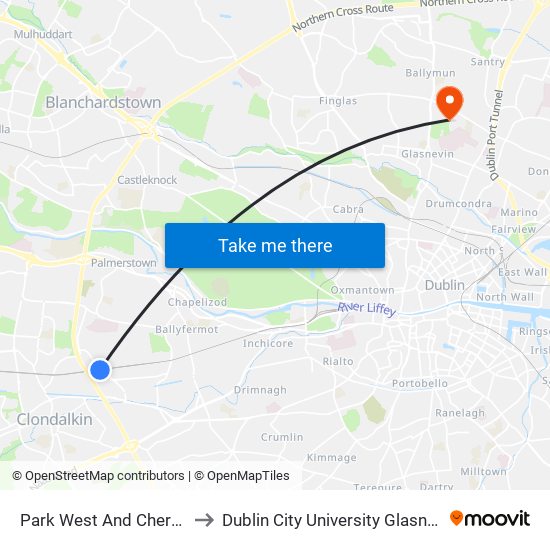 Park West And Cherry Orchard to Dublin City University Glasnevin Campus map