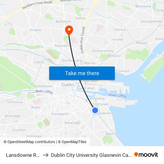 Lansdowne Road to Dublin City University Glasnevin Campus map