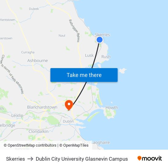 Skerries to Dublin City University Glasnevin Campus map