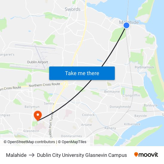 Malahide to Dublin City University Glasnevin Campus map