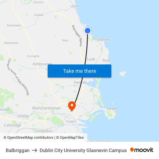 Balbriggan to Dublin City University Glasnevin Campus map