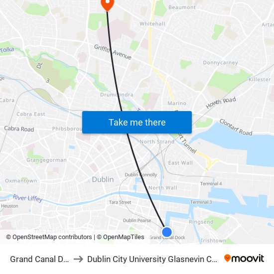 Grand Canal Dock to Dublin City University Glasnevin Campus map
