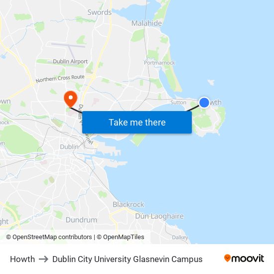 Howth to Dublin City University Glasnevin Campus map