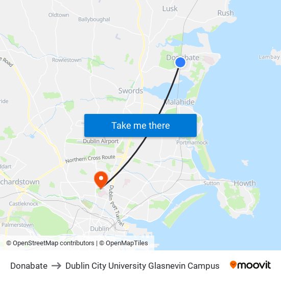 Donabate to Dublin City University Glasnevin Campus map