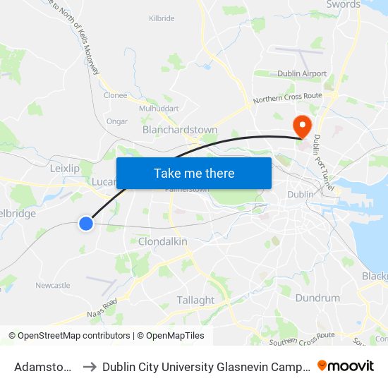 Adamstown to Dublin City University Glasnevin Campus map