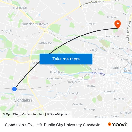 Clondalkin / Fonthill to Dublin City University Glasnevin Campus map