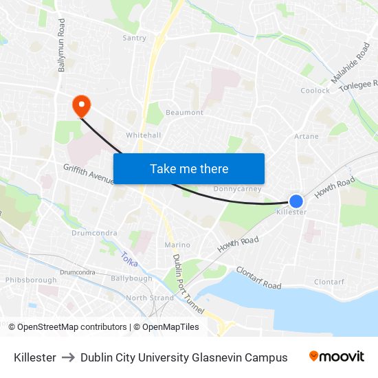 Killester to Dublin City University Glasnevin Campus map