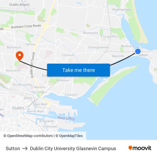 Sutton to Dublin City University Glasnevin Campus map