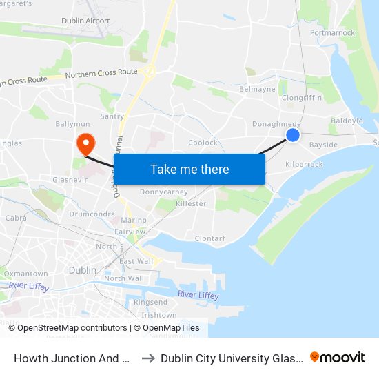 Howth Junction And Donaghmede to Dublin City University Glasnevin Campus map