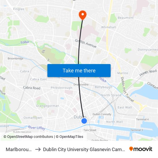 Marlborough to Dublin City University Glasnevin Campus map