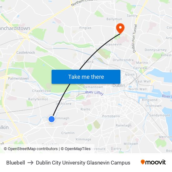 Bluebell to Dublin City University Glasnevin Campus map