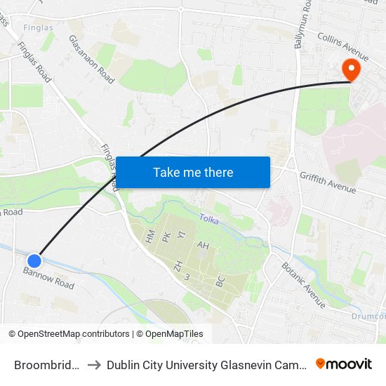 Broombridge to Dublin City University Glasnevin Campus map