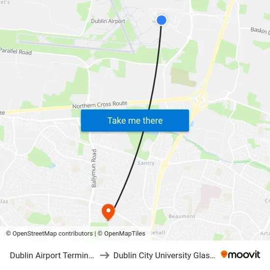 Dublin Airport Terminal 2 Zone 21 to Dublin City University Glasnevin Campus map