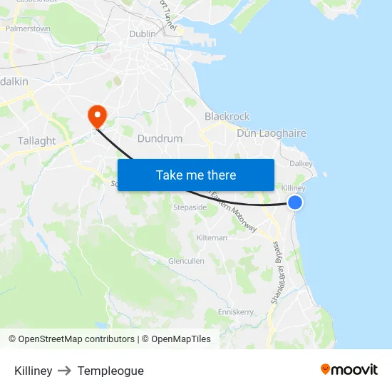 Killiney to Templeogue map