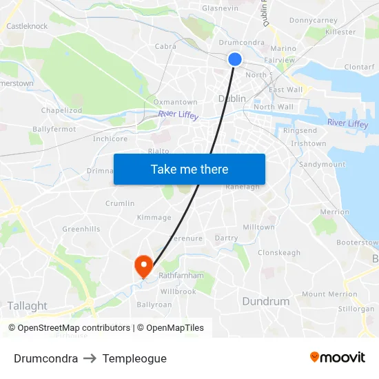 Drumcondra to Templeogue map