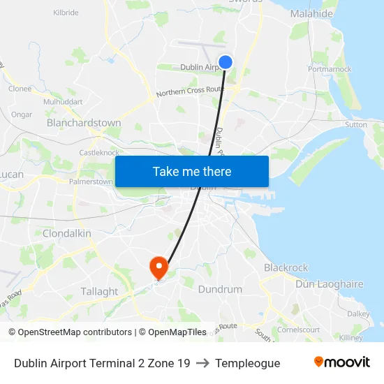 Dublin Airport Terminal 2 Zone 19 to Templeogue map