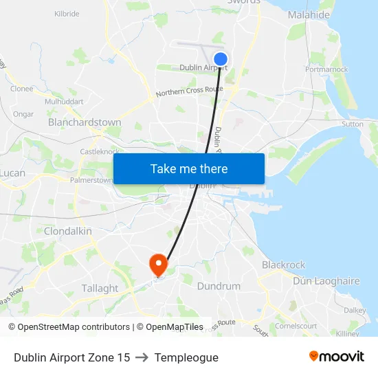 Dublin Airport Zone 15 to Templeogue map