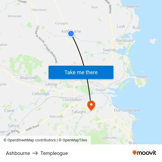 Ashbourne to Templeogue map